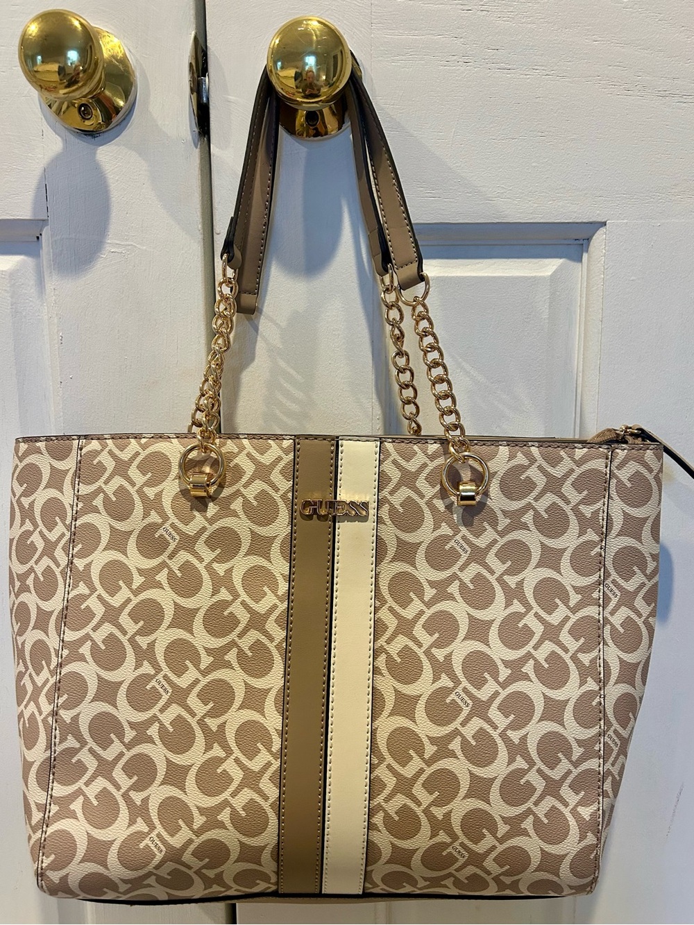 GUESS Taupe & Cream Signature Stripe Tote with Gold Chain Handles 12x17
